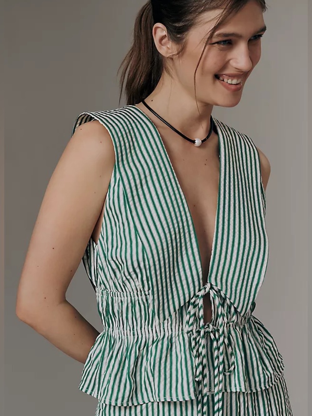 Sleeveless Green Stripe Tie-Front Peplum Dress